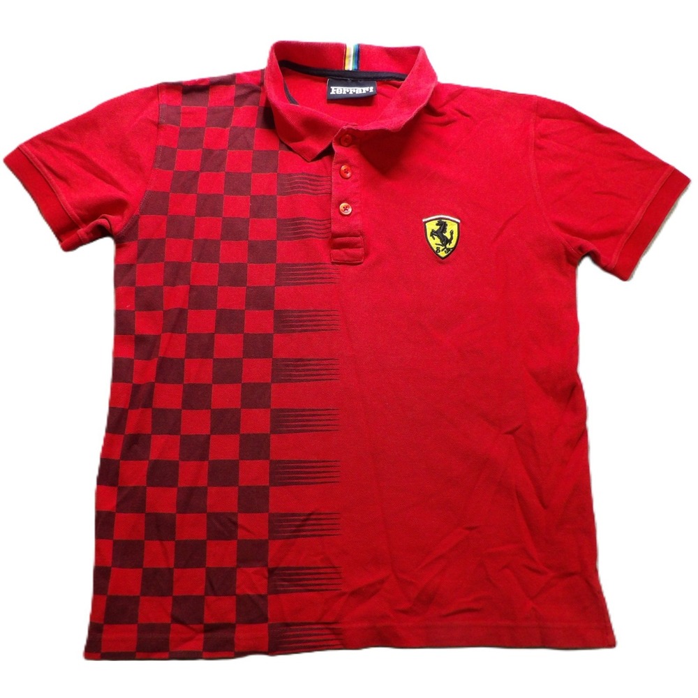 Ferrari Polo Shirt Men Medium Red Checkered Short Sleeve Cotton Scuderia Race SS